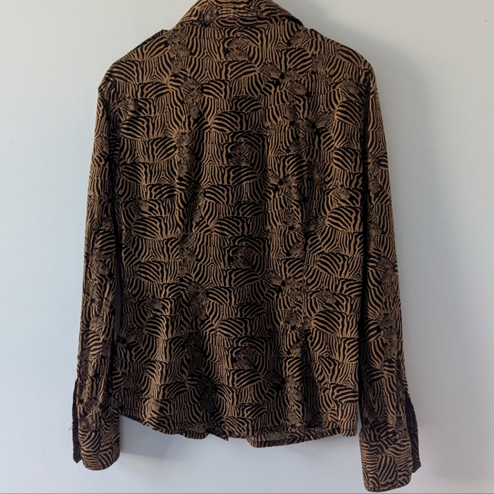 TORY BURCH Brown Gold Buttons Animal Print Zebra Button Down Shirt Size 4 - Picture 9 of 11